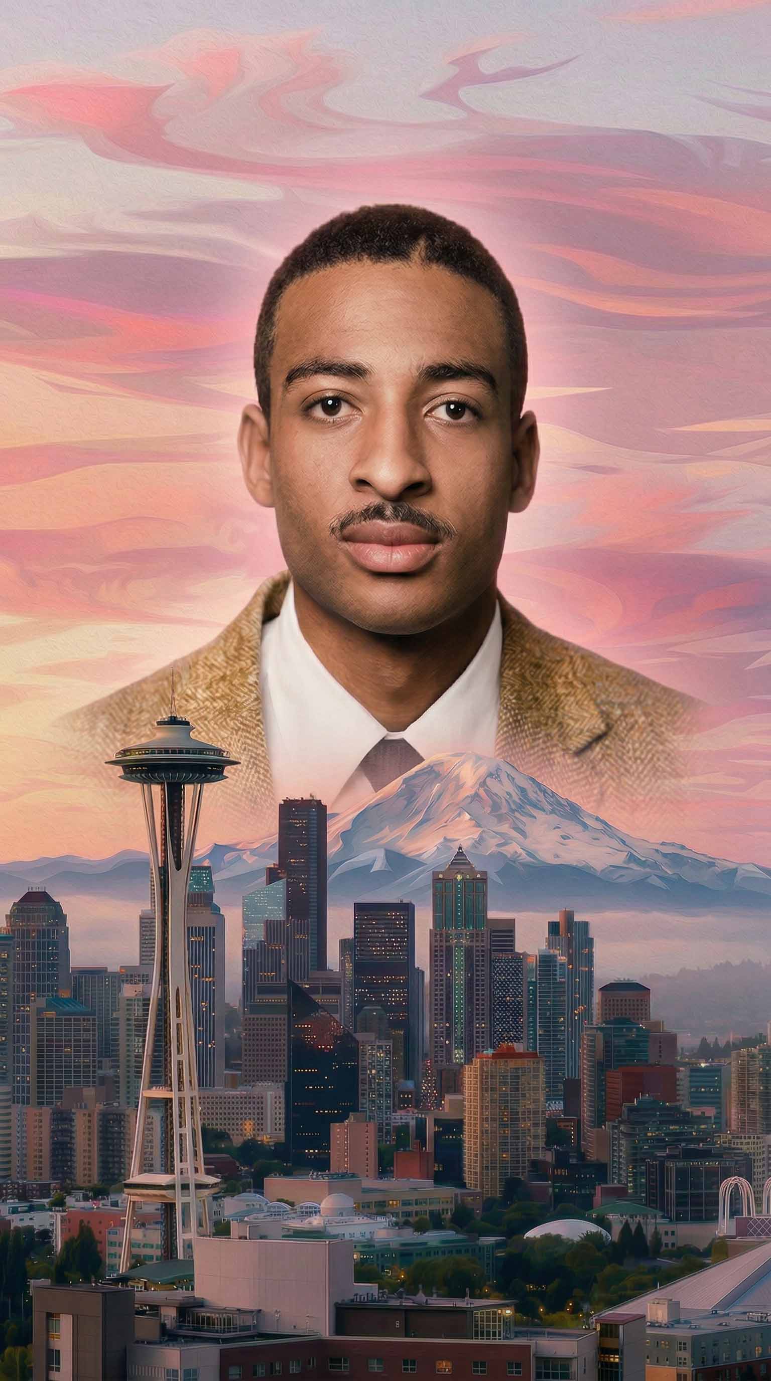 Reco Rowe with Seattle skyline at sunset
