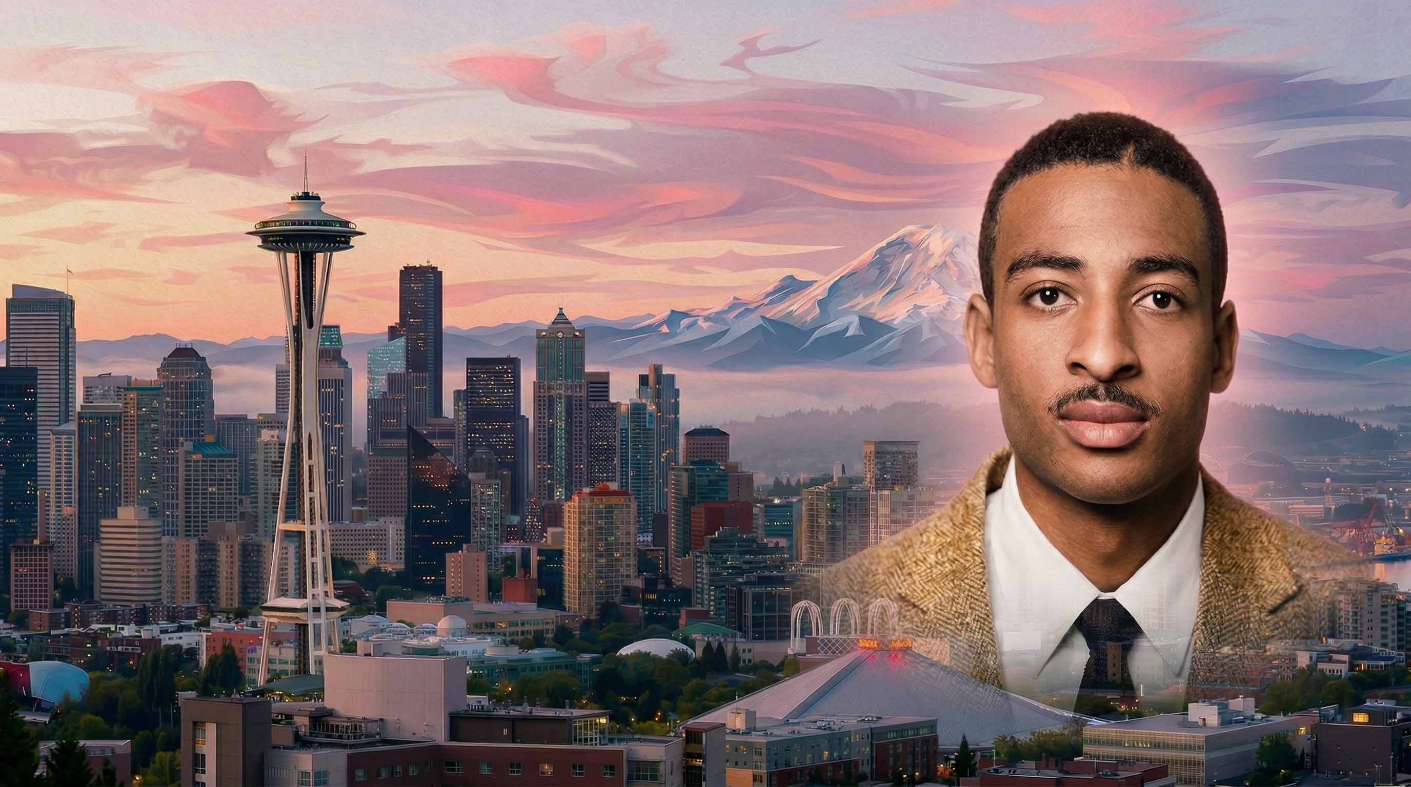 Reco Rowe with Seattle skyline at sunset